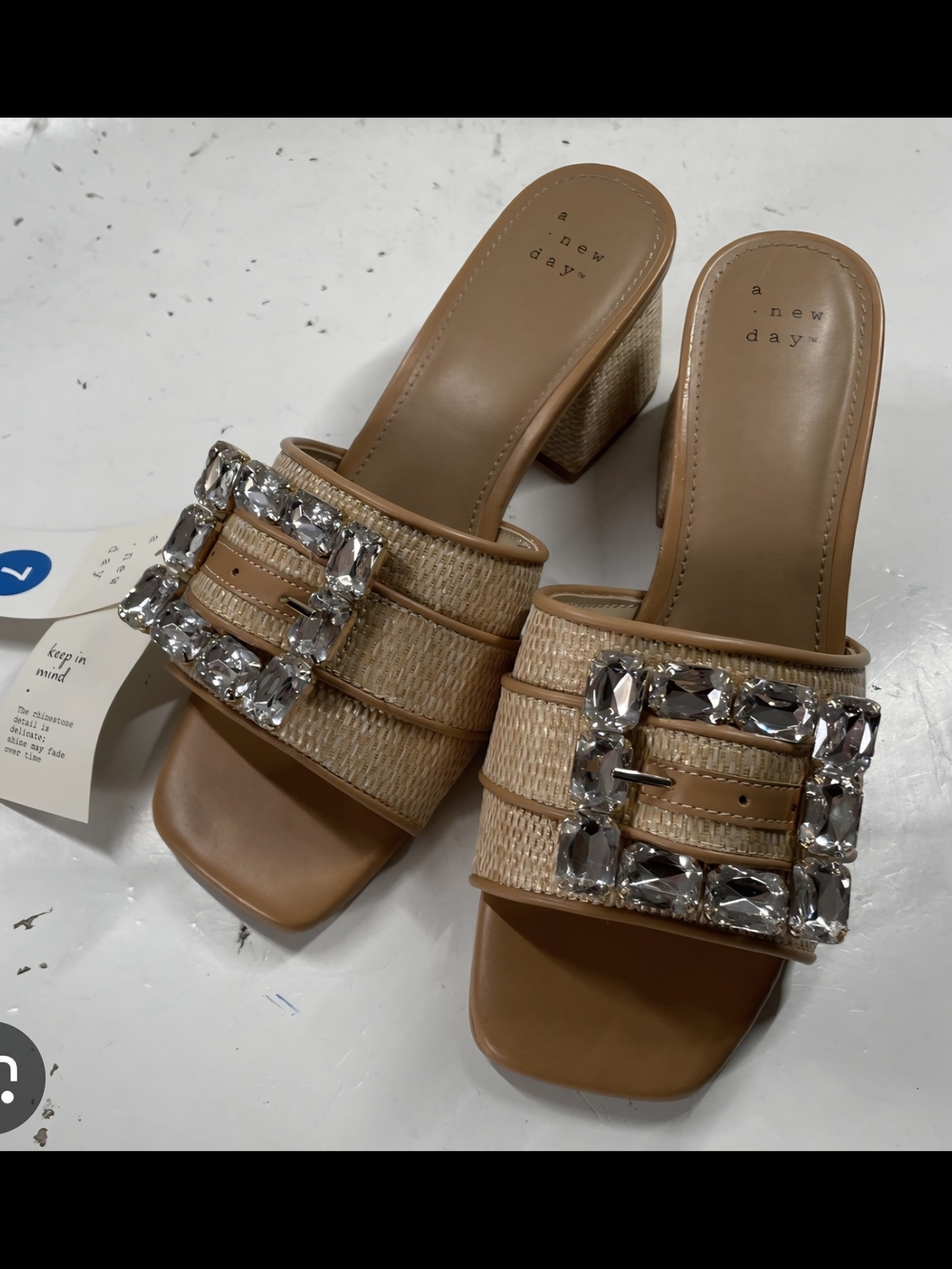 a new day 7.5 Raffia Block Heel Mules Tan  with Crystal Buckle